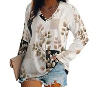 T-Shirt À Manches Longues Femme Col V Chic Motif Feuilles Élégant Lâche Haut Décontracté Tee Shirt Tunique Basic Top Tshirt, Motif Géométrique Carré