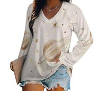 T-Shirt À Manches Longues Femme Col V Chic Motif Simple Feuille Saule Lâche Haut Décontracté Tee Shirt Tunique Basic Top Tshirt, Imprimé Botanique Élégant