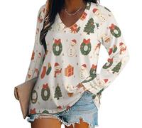 T-Shirt À Manches Longues Femme Col V Jolie Couronne De Noël en Forme De Bonhomme De Neige Chic Élégant Lâche Haut Décontracté Tee Shirt Tunique Basic Top Tshirt