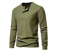 T-shirt à manches longues gaufré confortable pour homme - T-shirt classique avec col rond - Chemise de corps boutonnée à manches longues - 4 boutons - Coupe droite - Sans capuche, vert, S