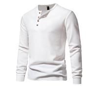 T-shirt à manches longues gaufré confortable pour homme - T-shirt classique avec col rond - Chemise de corps boutonnée à manches longues - 4 boutons - Coupe droite - Sans capuche, Blanc., S