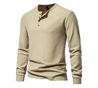 T-shirt à manches longues gaufré confortable pour homme - T-shirt classique avec col rond - Chemise de corps boutonnée à manches longues - 4 boutons - Coupe droite - Sans capuche, kaki, XXL