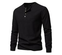 T-shirt à manches longues gaufré confortable pour homme - T-shirt classique avec col rond - Chemise de corps boutonnée à manches longues - 4 boutons - Coupe droite - Sans capuche, Noir , XXL