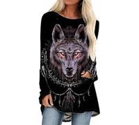 T-shirt à manches longues imprimé loup 3D pour femme - Motif animal - Décontracté - Robe vintage ample, # 1, L