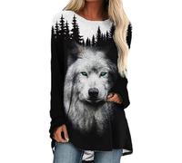 T-shirt à manches longues imprimé loup 3D pour femme - Motif animal - Décontracté - Robe vintage ample, # 4, M