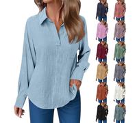 T-shirt à manches longues plissées avec col en V et revers pour femme - Manches longues - Couleur unie - Style décontracté - Tunique plissée - Col rabattu - Or rose