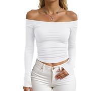 T-shirt à manches longues pour femme avec col Carmen - Haut moulant - T-shirt basique épaules dénudées pour un look élégant, Style_u05 Blanc, M
