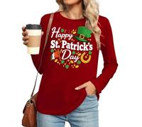 T-shirt à manches longues pour femme avec inscription « Happy St Patrick's Day » - T-shirt irlandais festif à manches longues - Grandes tailles - Festival irlandais - Col rond, Rouge (01)., M