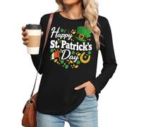 T-shirt à manches longues pour femme avec inscription « Happy St Patrick's Day » - T-shirt irlandais festif à manches longues - Grandes tailles - Festival irlandais - Col rond, Noir (01), 4XL