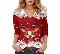 T-shirt à manches longues pour femme avec joli motif de rennes et de guirlandes lumineuses - T-shirt festif à col en V pour Noël - Haut avec imprimé flocon de neige, Style_j07 Rouge, S