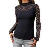 T-shirt à manches longues pour femme avec manches en dentelle élégantes - Haut moulant avec col bateau pour un look féminin - T-shirt chic pour le quotidien et le soir, Style_m02 Noir, XXL
