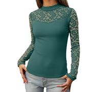 T-shirt à manches longues pour femme avec manches en dentelle élégantes - Haut moulant avec col bateau pour un look féminin - T-shirt chic pour le quotidien et le soir, Style_m03 Vert, XL