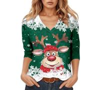 T-shirt à manches longues pour femme avec visage de renne amusant dans un style bande dessinée - T-shirt festif à col en V pour Noël | Haut avec imprimé flocon de neige, Style_r03 Vert, M