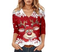 T-shirt à manches longues pour femme avec visage de renne amusant dans un style bande dessinée - T-shirt festif à col en V pour Noël | Haut avec imprimé flocon de neige, Style_r07 Rouge, XXL