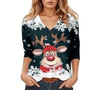 T-shirt à manches longues pour femme avec visage de renne amusant dans un style bande dessinée - T-shirt festif à col en V pour Noël | Haut avec imprimé flocon de neige, Style_r02 Bleu, M