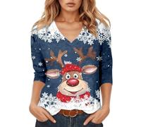 T-shirt à manches longues pour femme avec visage de renne amusant dans un style bande dessinée - T-shirt festif à col en V pour Noël | Haut avec imprimé flocon de neige, Style_r05 bleu marine, M