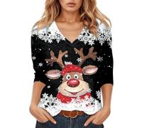 T-shirt à manches longues pour femme avec visage de renne amusant dans un style bande dessinée - T-shirt festif à col en V pour Noël | Haut avec imprimé flocon de neige, Style_r01 Noir, S