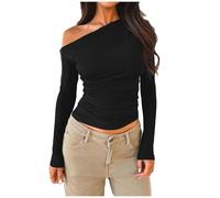 T-shirt à manches longues pour femme - Chemisier - Col biais - Épaules dénudées - Manches longues - Tricot - Été haut de gamme - Vêtement de designer épicé, Noir , M