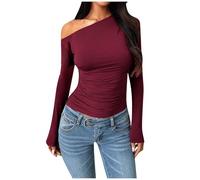 T-shirt à manches longues pour femme - Chemisier - Col biais - Épaules dénudées - Manches longues - Tricot - Été haut de gamme - Vêtement de designer épicé, Bordeaux, L