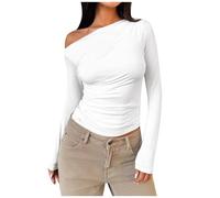 T-shirt à manches longues pour femme - Chemisier - Col biais - Épaules dénudées - Manches longues - Tricot - Été haut de gamme - Vêtement de designer épicé, Blanc., S