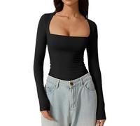 T-shirt à manches longues pour femme - Col carré - Haut long - Couleur unie - Décontracté - Coupe ajustée - Manches longues - Sexy - T-shirt basique, Noir , S