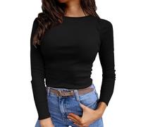 T-shirt à manches longues pour femme - Col rond - Élégant - Manches longues - Coupe ajustée - T-shirt côtelé - Sous-vêtement basique fin - Sous-vêtements thermiques stretch, 11 - Noir, S