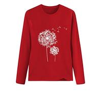 T-shirt à manches longues pour femme - Col rond - Imprimé pissenlit - Manches longues - Chemisier - Automne et hiver, rouge, M