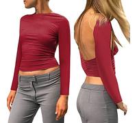 T-shirt à manches longues pour femme - Dos nu - Haut court décontracté à manches courtes, rouge, S