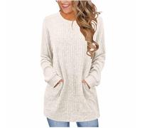 T-shirt à manches longues pour femme - Élégant - Col rond - Avec poches - Décontracté - Manches longues, Blanc., L