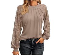 T-shirt à manches longues pour femme - Élégant - Coutures en dentelle - Tunique à manches longues - Couleur unie - Plissé - Col rond - Patchwork - Léger et respirant - Pull fantaisie - Vêtement de
