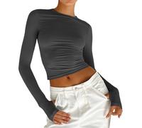 T-shirt à manches longues pour femme en coton, crop top à manches longues, haut moulant, t-shirt à manches longues, col rond, sous-vêtement esthétique, couleur unie, basique, streetwear décontracté