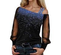 T-shirt à manches longues pour femme Hauts Chemise Chemisier Imprimé Froid Épaule Lâche T-shirt Paillettes Mesh Manches décontractées Hauts Long Femmes Chemisier, bleu, XL