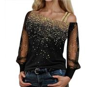 T-shirt à manches longues pour femme Hauts Chemise Chemisier Imprimé Froid Épaule Lâche T-shirt Paillettes Mesh Manches décontractées Hauts Long Femmes Chemisier, or, L