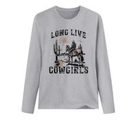 T-shirt à manches longues pour femme « Long Live Cowgirls » - T-shirt western avec motif cavalier | Haut de style campagnard pour un look décontracté, Style_c04 Gris, S