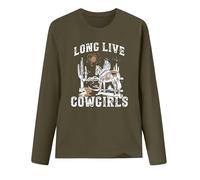 T-shirt à manches longues pour femme « Long Live Cowgirls » - T-shirt western avec motif cavalier | Haut de style campagnard pour un look décontracté, Style_c01 vert armée, XXL