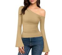 T-shirt à manches longues pour femme - Sexy - Coupe ajustée - Épaules dénudées - Couleur unie - Pull à manches longues - Automne et hiver, beige, S