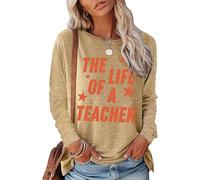 T-shirt à manches longues pour femme, t-shirt à manches longues et col rond imprimé lettre - Hauts légers et tendance pour l'automne et le quotidien, kaki, M