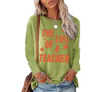 T-shirt à manches longues pour femme, t-shirt à manches longues et col rond imprimé lettre - Hauts légers et tendance pour l'automne et le quotidien, Vert, XL