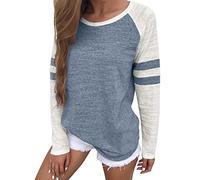 T-shirt à manches longues pour femme - T-shirt basique à rayures - Col rond - Décontracté - Chemise ample - Pull à manches longues - Bloc de couleurs - Grandes tailles - Taille S à 4XL, bleu, M