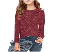 T-shirt à manches longues pour fille - Imprimé à paillettes - Col rond - Couleur unie - Manches longues - Printemps - Automne - Confortable - Pour fête - Unisexe - Pour 3 à 14 ans - T-shirt de sport