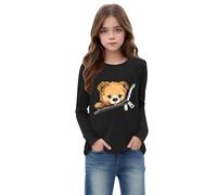 T-shirt à manches longues pour fille - Motif ours kawaii - Pull décontracté - Col rond - T-shirt fin - Unisexe - Pour enfants - Léger - Manches longues - Confortable - Tunique en coton - Basique -