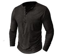 T-shirt à manches longues pour homme - Col rond avec boutons - T-shirt à manches longues - Couleur unie - Manches raglan - Col à revers - T-shirt de loisirs basique, gris foncé, M