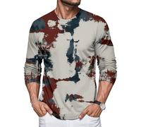T-shirt à manches longues pour homme col rond décontracté T-shirts à éclaboussures d'encre cool imprimés tendance hauts automne vêtements légers, Beige éclaboussant d'encre, S