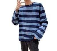 T-shirt à manches longues pour homme - T-shirt basique à manches longues - Col rond - T-shirt en coton - Pyjama rayé - Haut de pyjama confortable - Décontracté - Sweat-shirt basique doux, bleu, XXL