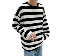 T-shirt à manches longues pour homme - T-shirt basique à manches longues - Col rond - T-shirt en coton - Pyjama rayé - Haut de pyjama confortable - Décontracté - Sweat-shirt basique doux, Blanc., 3XL