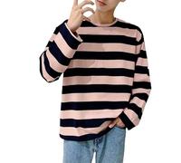T-shirt à manches longues pour homme - T-shirt basique à manches longues - Col rond - T-shirt en coton - Pyjama rayé - Haut de pyjama confortable - Décontracté - Sweat-shirt basique doux, Rose, XXL