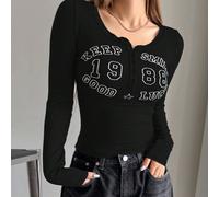 T-shirt à manches longues près du corps pour femmes avec demi-patte de boutonnage, col rond et imprimé de lettres. Vêtements d'automne, hauts preppy à manches longues pour femmes, t-shirt graphique L,