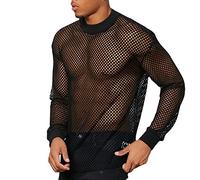 T-Shirt À Manches Longues Sexy Tulle T-Shirt Clair Hommes Hommes Slim Fit Col Rond T-Shirt Basique Hommes Boîtes De Nuit Respirant T-Shirt Décontracté Hommes B-Black M