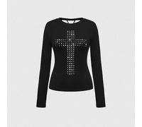 T-shirt à manches longues slim fit avec design de croix rivetée, coupe laser ajourée au dos, style punk Y2K K-pop. Couleur unie polyvalente L,M,S,XSCarreauÉtoffe