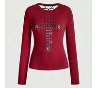T-shirt à manches longues slim fit avec design de croix rivetée découpé au laser sur le dos, style punk Y2K. Couleur unie polyvalente. L,M,S,XSÉtoffe